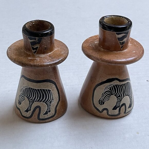 Kenya Handmade Soapstone 2 Candle Holders Zebra Theme Vintage Flawed Scratched - Picture 2 of 6